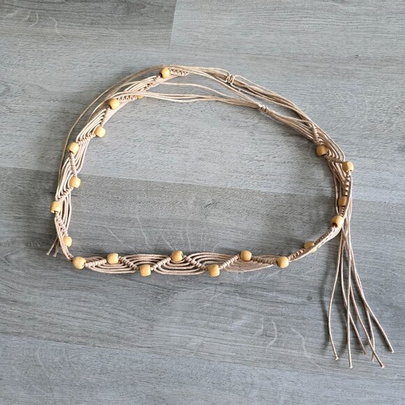 Vintage Macrame Beaded Belt Beige Wood Beads BOHO Hippie Handmade Fringe 34" - Picture 1 of 4